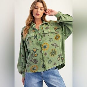 Easel Floral Boho Pullover Top Oversized Shabby Chic Colorful Long Sleeve Beach